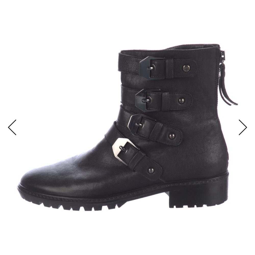Stuart Weitzman Black Leather Ankle Combat Boots with Buckle Straps